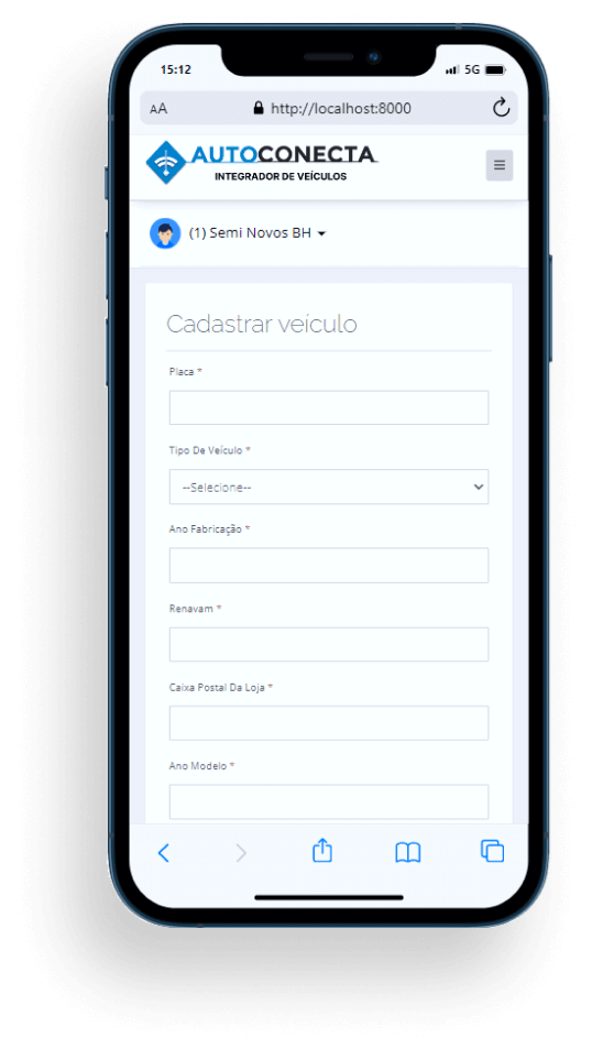 Smartphone demonstrando como cadastrar um veículo